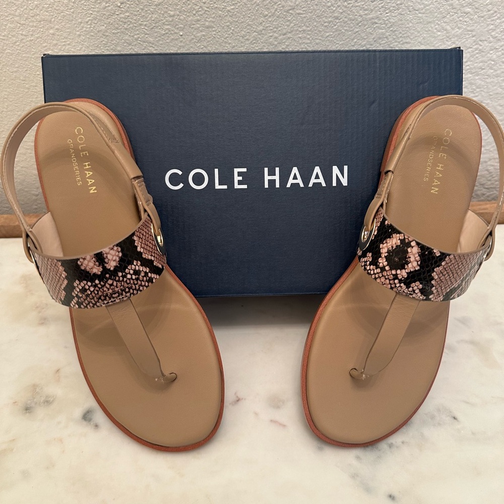 Cole Haan Tan Sandals with Pink and Black Snake-Print Strap